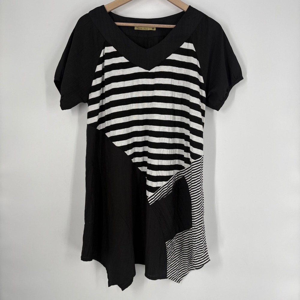 Taravao Womens Black White Striped Colorblock Asymmetrical Tunic Dress Size M